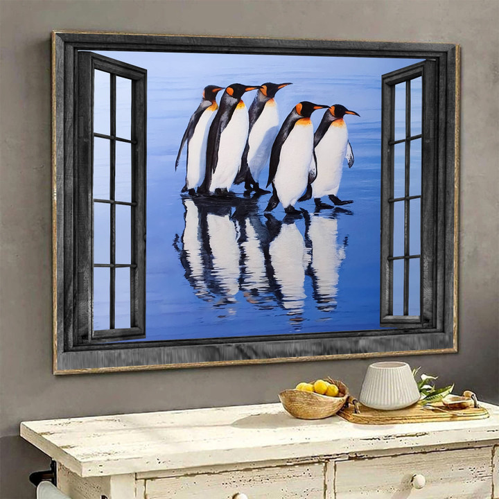 Penguin Cute Wall Art 3D Painting Art North Pole Animal Home Decoration Landscape Seen Through Window Scene Wall Mural, 3D Window Wall Decal, Window Wall Mural, Window Wall Sticker, Window Sticker Gift Idea 18x30IN