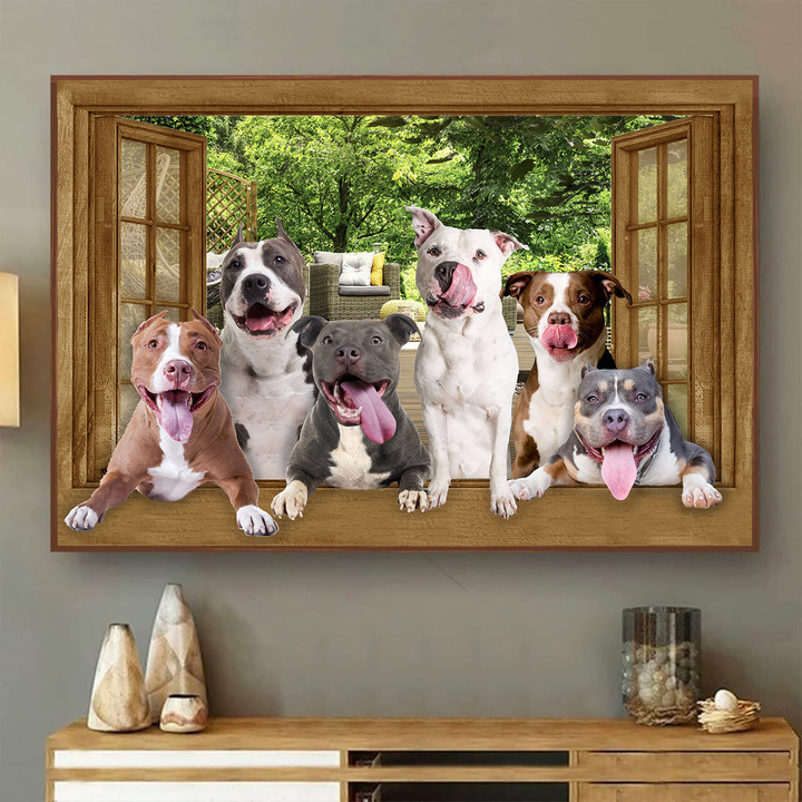 Pitbull 3D Wall Art Painting Art Dogs Lover Home Decoration Gift For Friend Landscape Seen Through Window Scene Wall Mural, 3D Window Wall Decal, Window Wall Mural, Window Wall Sticker, Window Sticker Gift Idea 18x30IN