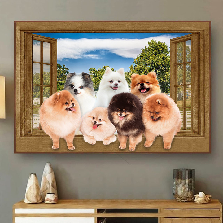 Pomeranian 3D Wall Art Painting Art 3D Dogs Lover Home Decoration Landscape Seen Through Window Scene Wall Mural, 3D Window Wall Decal, Window Wall Mural, Window Wall Sticker, Window Sticker Gift Idea 18x30IN