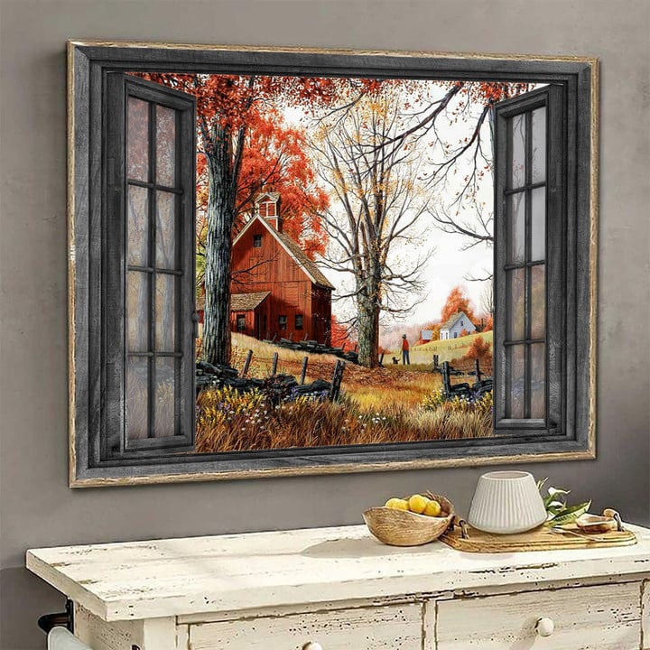 Red House 3D Wall Arts Painting Prints Home Decor Red Tree Peaceful Landscape Seen Through Window Scene Wall Mural, 3D Window Wall Decal, Window Wall Mural, Window Wall Sticker, Window Sticker Gift Idea 18x30IN