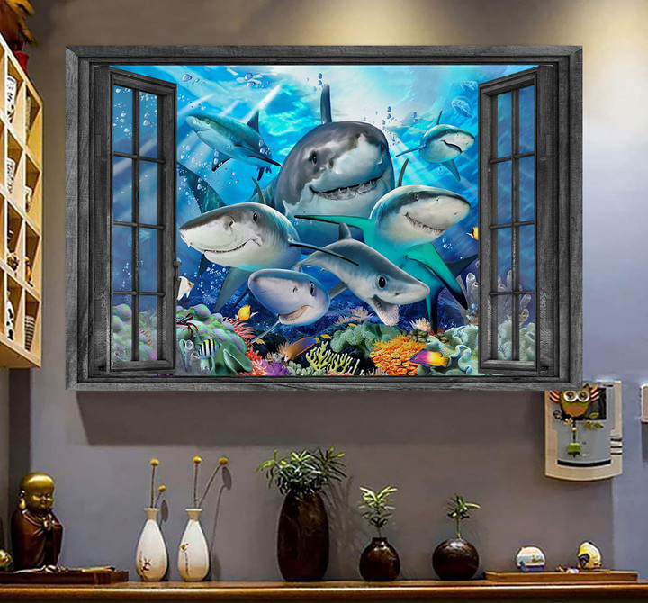 Sharks 3D Wall Art Painting Art Sea Animals Baby Shark Home Decoration Easter Mother Day Landscape Seen Through Window Scene Wall Mural, 3D Window Wall Decal, Window Wall Mural, Window Wall Sticker, Window Sticker Gift Idea 18x30IN