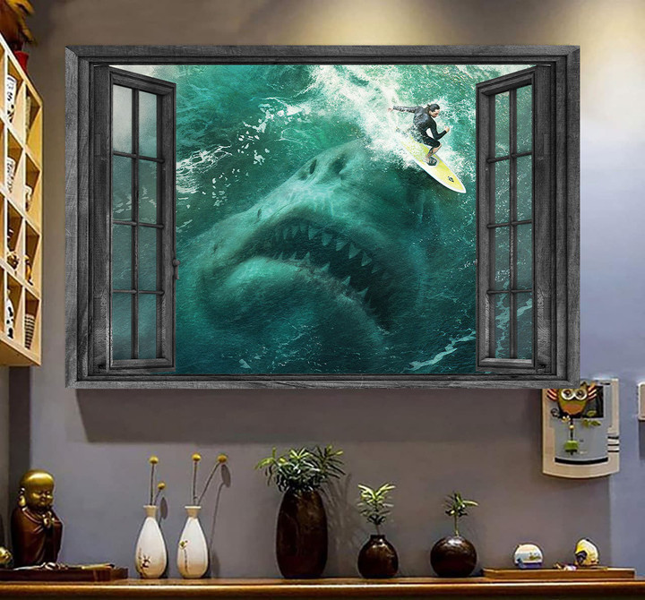 Sharks Surfing 3D Wall Art Painting Art Sea Animals Home Decoration Easter Landscape Seen Through Window Scene Wall Mural, 3D Window Wall Decal, Window Wall Mural, Window Wall Sticker, Window Sticker Gift Idea 18x30IN