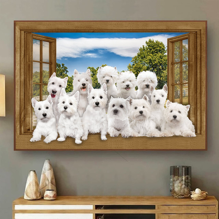 West Highland White Terrier 3D Wall Art Painting Art 3D Dogs Lover Home Decoration Landscape Seen Through Window Scene Wall Mural, 3D Window Wall Decal, Window Wall Mural, Window Wall Sticker, Window Sticker Gift Idea 18x30IN