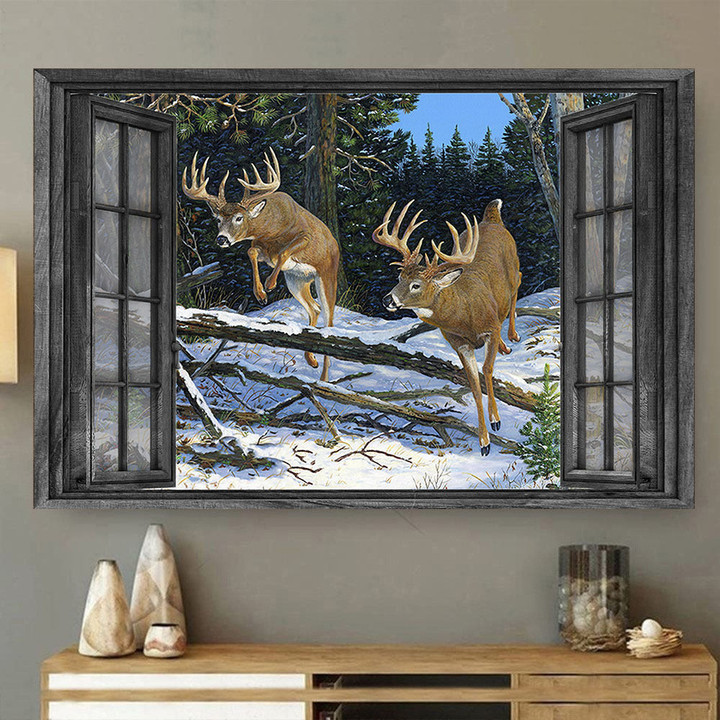 Whitetail Deer 3D Wall Art Deer Jumping Hunting Lover Landscape Seen Through Window Scene Wall Mural, 3D Window Wall Decal, Window Wall Mural, Window Wall Sticker, Window Sticker Gift Idea 18x30IN