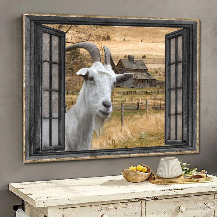 White Goat 3D Wall Art Prints Painting Wall Art Decor Farm Animals Landscape Seen Through Window Scene Wall Mural, 3D Window Wall Decal, Window Wall Mural, Window Wall Sticker, Window Sticker Gift Idea 18x30IN