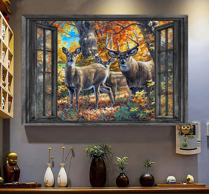 Whitetail Deer 3D Wall Art Painting Hunting Lover Home Decoration Easter Landscape Seen Through Window Scene Wall Mural, 3D Window Wall Decal, Window Wall Mural, Window Wall Sticker, Window Sticker Gift Idea 18x30IN