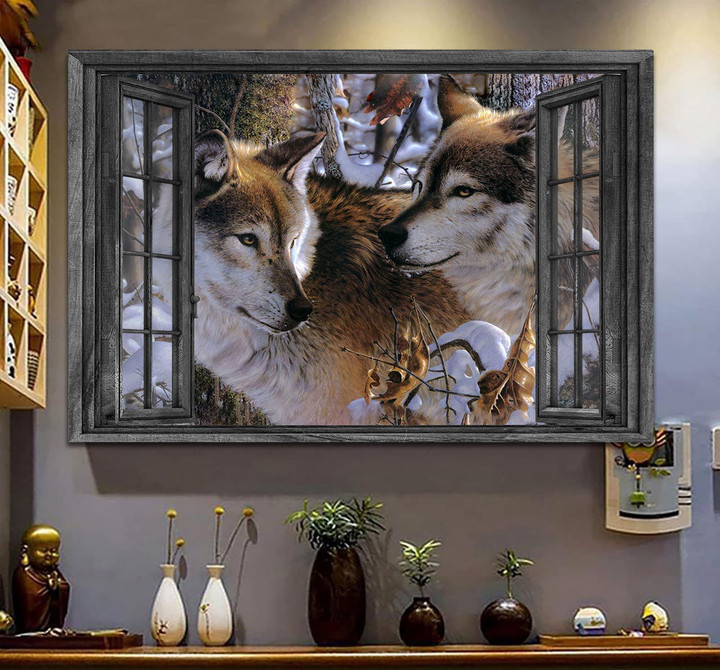 Wolf Couple 3D Wall Art Painting Art Wild Animals Lover Home Decoration Landscape Seen Through Window Scene Wall Mural, 3D Window Wall Decal, Window Wall Mural, Window Wall Sticker, Window Sticker Gift Idea 18x30IN