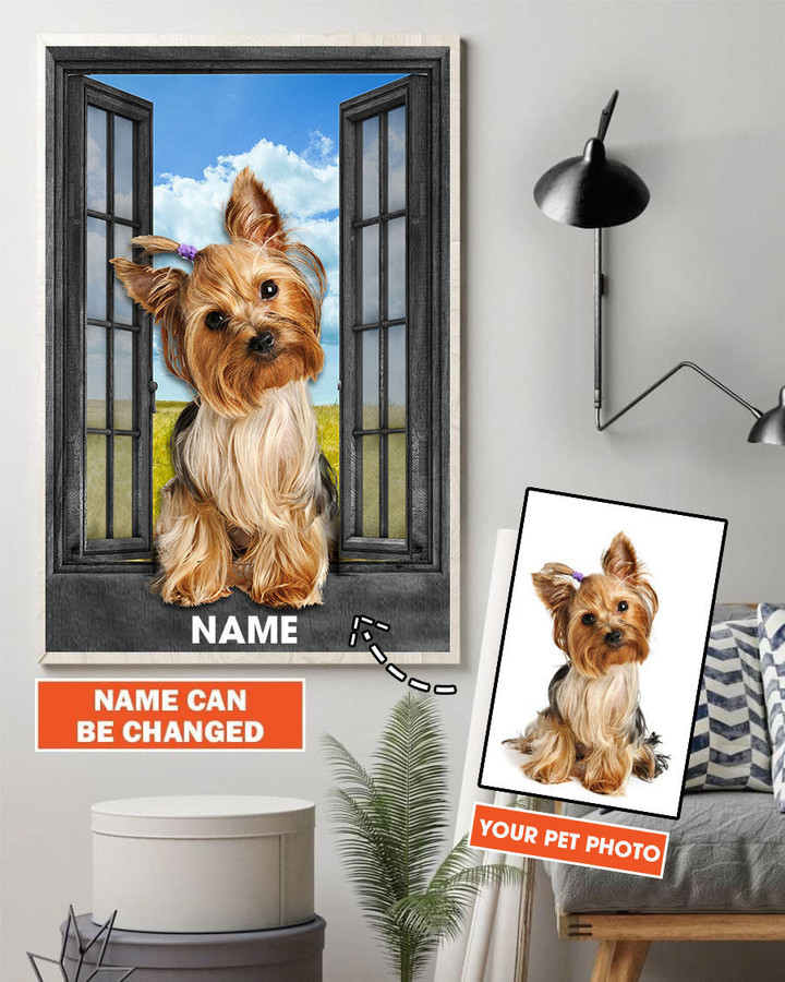 Yorkshire Terrier 3D Wall Art Customized Personalized Painting Prints Home Decor Dogs Lover Landscape Seen Through Window Scene Wall Mural, 3D Window Wall Decal, Window Wall Mural, Window Wall Sticker, Window Sticker Gift Idea 18x30IN