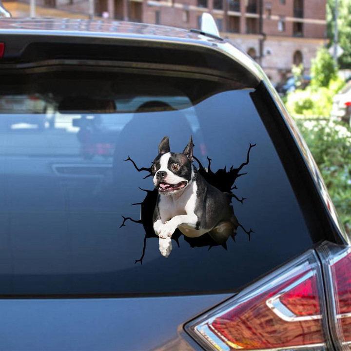 Boston Terrier Dog Breeds Dogs Puppy Crack Window Decal Custom 3d Car Decal Vinyl Aesthetic Decal Funny Stickers Cute Gift Ideas Ae10206 Car Vinyl Decal Sticker Window Decals, Peel and Stick Wall Decals 12x12IN 2PCS