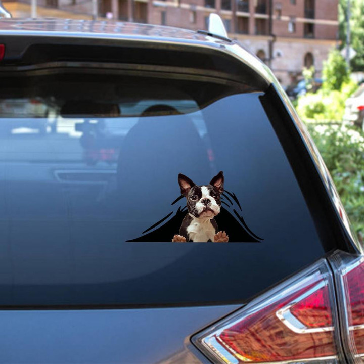Boston Terrier Dog Breeds Dogs Puppy Crack Window Decal Custom 3d Car Decal Vinyl Aesthetic Decal Funny Stickers Cute Gift Ideas Ae10213 Car Vinyl Decal Sticker Window Decals, Peel and Stick Wall Decals 12x12IN 2PCS