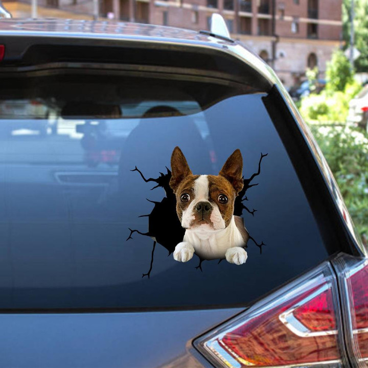 Boston Terrier Dog Breeds Dogs Puppy Crack Window Decal Custom 3d Car Decal Vinyl Aesthetic Decal Funny Stickers Cute Gift Ideas Ae10205 Car Vinyl Decal Sticker Window Decals, Peel and Stick Wall Decals 12x12IN 2PCS