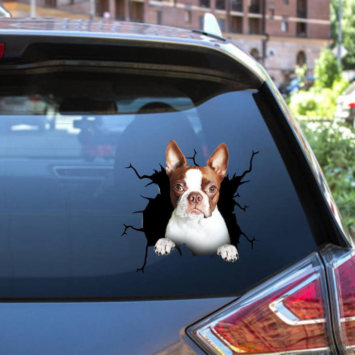 Boston Terrier Dog Breeds Dogs Puppy Crack Window Decal Custom 3d Car Decal Vinyl Aesthetic Decal Funny Stickers Cute Gift Ideas Ae10211 Car Vinyl Decal Sticker Window Decals, Peel and Stick Wall Decals 12x12IN 2PCS
