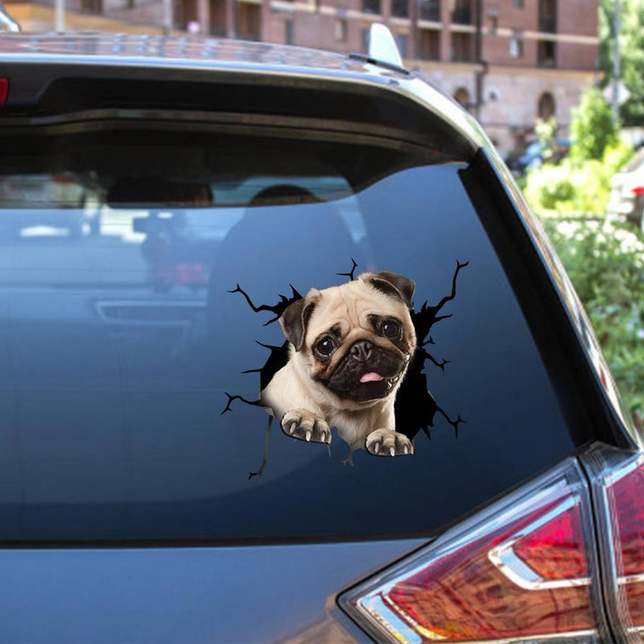 Pug Crack Window Decal Custom 3d Car Decal Vinyl Aesthetic Decal Funny Stickers Cute Gift Ideas Ae10947 Car Vinyl Decal Sticker Window Decals, Peel and Stick Wall Decals 12x12IN 2PCS