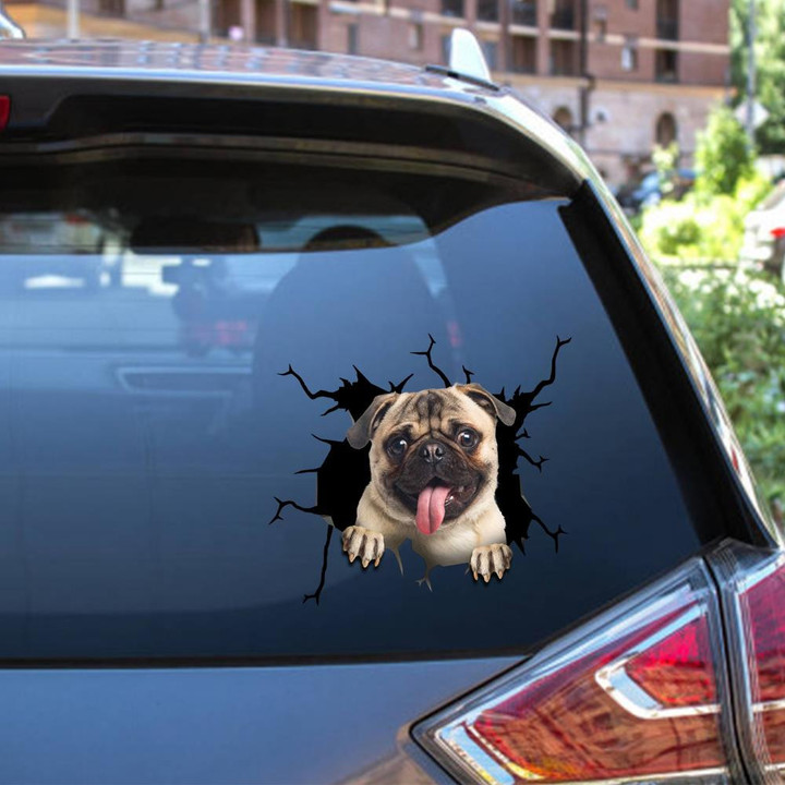 Pug Crack Window Decal Custom 3d Car Decal Vinyl Aesthetic Decal Funny Stickers Cute Gift Ideas Ae10954 Car Vinyl Decal Sticker Window Decals, Peel and Stick Wall Decals 12x12IN 2PCS