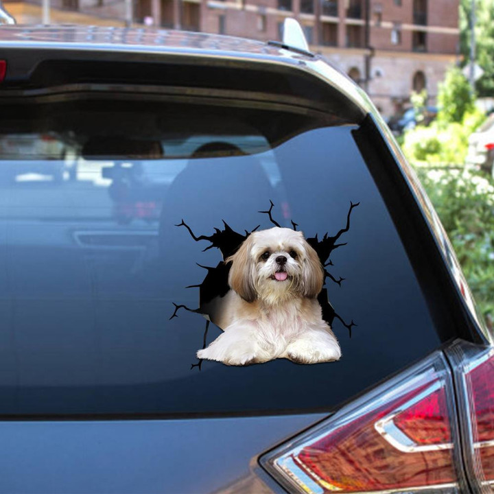 Shih Tzu Dog Breeds Dogs Puppy Crack Window Decal Custom 3d Car Decal Vinyl Aesthetic Decal Funny Stickers Cute Gift Ideas Ae11073 Car Vinyl Decal Sticker Window Decals, Peel and Stick Wall Decals 12x12IN 2PCS