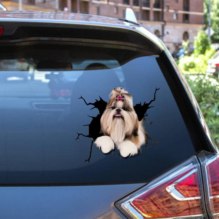 Shih Tzu Dog Breeds Dogs Puppy Crack Window Decal Custom 3d Car Decal Vinyl Aesthetic Decal Funny Stickers Cute Gift Ideas Ae11080 Car Vinyl Decal Sticker Window Decals, Peel and Stick Wall Decals 12x12IN 2PCS
