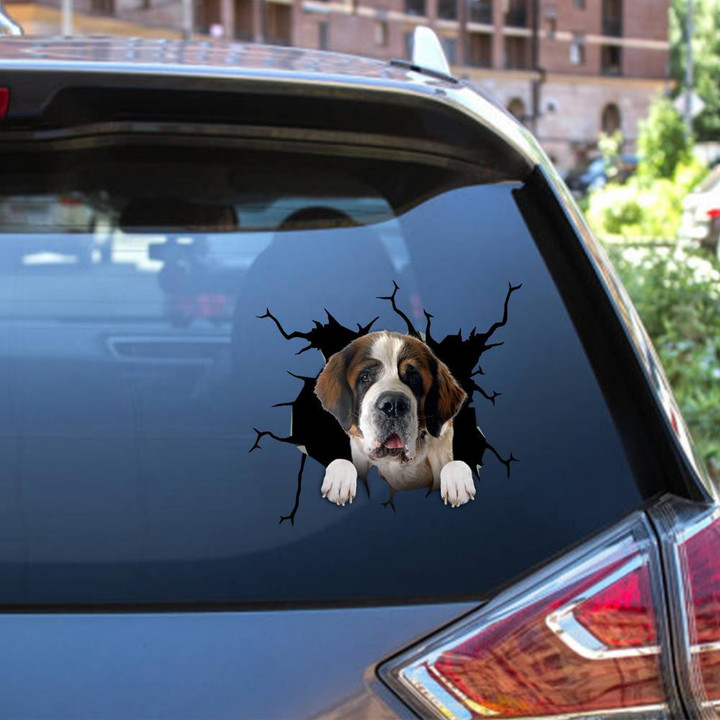 St. Bernard Crack Window Decal Custom 3d Car Decal Vinyl Aesthetic Decal Funny Stickers Home Decor Gift Ideas Car Vinyl Decal Sticker Window Decals, Peel and Stick Wall Decals 12x12IN 2PCS