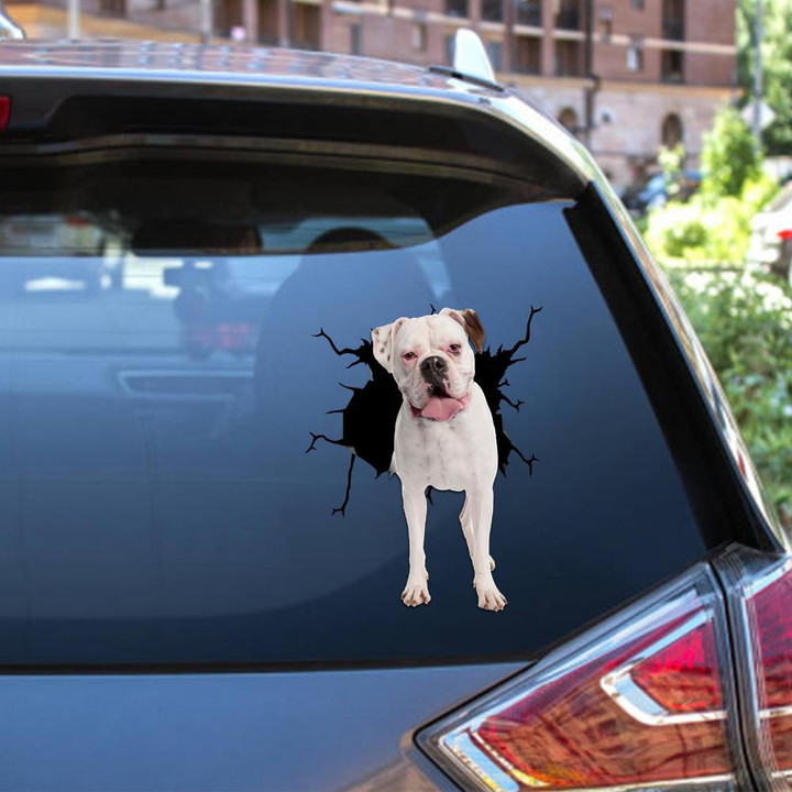 White Boxer Dog Breeds Dogs Puppy Crack Window Decal Custom 3d Car Decal Vinyl Aesthetic Decal Funny Stickers Cute Gift Ideas Ae11200 Car Vinyl Decal Sticker Window Decals, Peel and Stick Wall Decals 12x12IN 2PCS