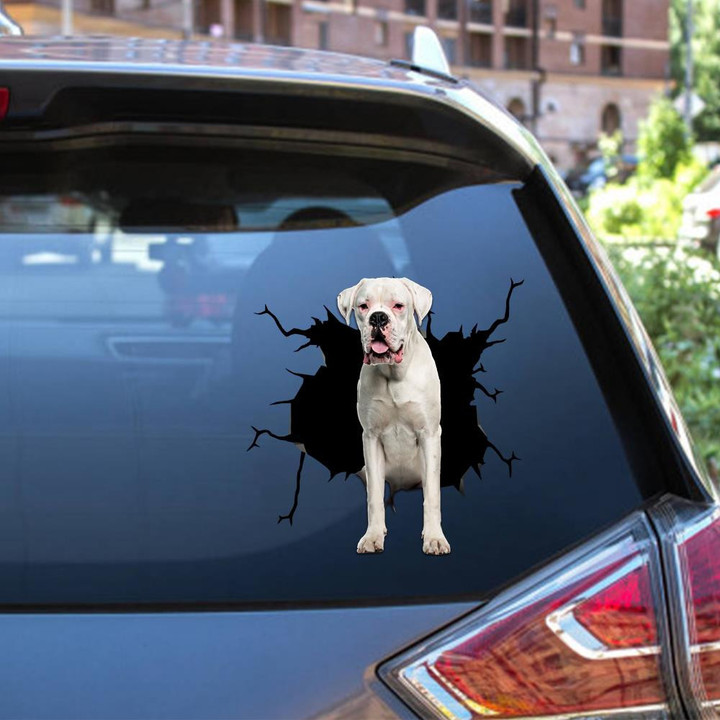White Boxer Dog Breeds Dogs Puppy Crack Window Decal Custom 3d Car Decal Vinyl Aesthetic Decal Funny Stickers Cute Gift Ideas Ae11199 Car Vinyl Decal Sticker Window Decals, Peel and Stick Wall Decals 12x12IN 2PCS