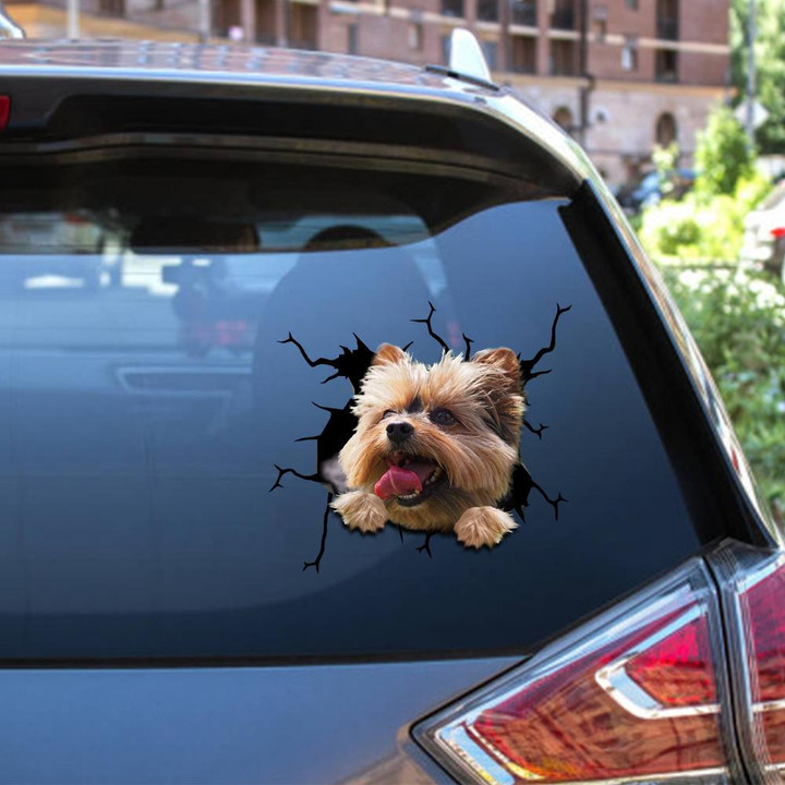 Yorkshire Dog Breeds Dogs Puppy Crack Window Decal Custom 3d Car Decal Vinyl Aesthetic Decal Funny Stickers Cute Gift Ideas Ae11222 Car Vinyl Decal Sticker Window Decals, Peel and Stick Wall Decals 12x12IN 2PCS