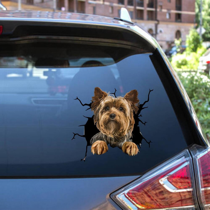 Yorkshire Dog Breeds Dogs Puppy Crack Window Decal Custom 3d Car Decal Vinyl Aesthetic Decal Funny Stickers Cute Gift Ideas Ae11213 Car Vinyl Decal Sticker Window Decals, Peel and Stick Wall Decals 12x12IN 2PCS
