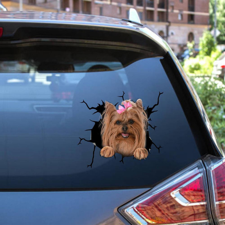 Yorkshire Dog Breeds Dogs Puppy Crack Window Decal Custom 3d Car Decal Vinyl Aesthetic Decal Funny Stickers Cute Gift Ideas Ae11221 Car Vinyl Decal Sticker Window Decals, Peel and Stick Wall Decals 12x12IN 2PCS