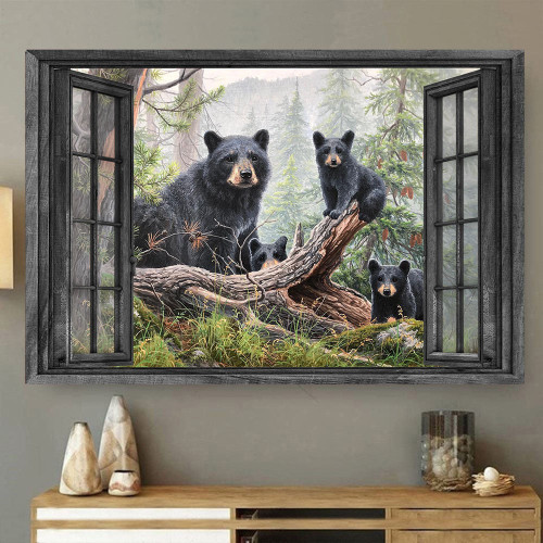 Bear 3D Window View Canvas Black Bear Mom and Cubs Wall Art
