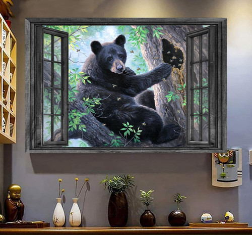 Bear 3D Window View Canvas Wall Art Painting Art 3D Window View Wild Animals Lover Bear Honey Home Decoration Framed Prints, Canvas Paintings