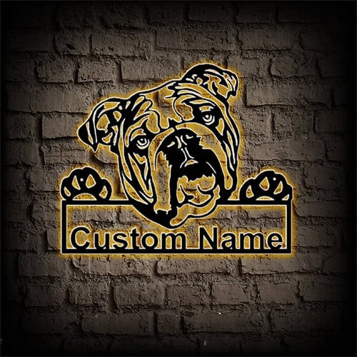 Custom English Bulldog Metal Sign WITH LED/WITHOUT LED Light Bulldog Sign Bulldog Metal Wall Art Personalized Dog Name Signs Welcome Sign Dog Lover Gift