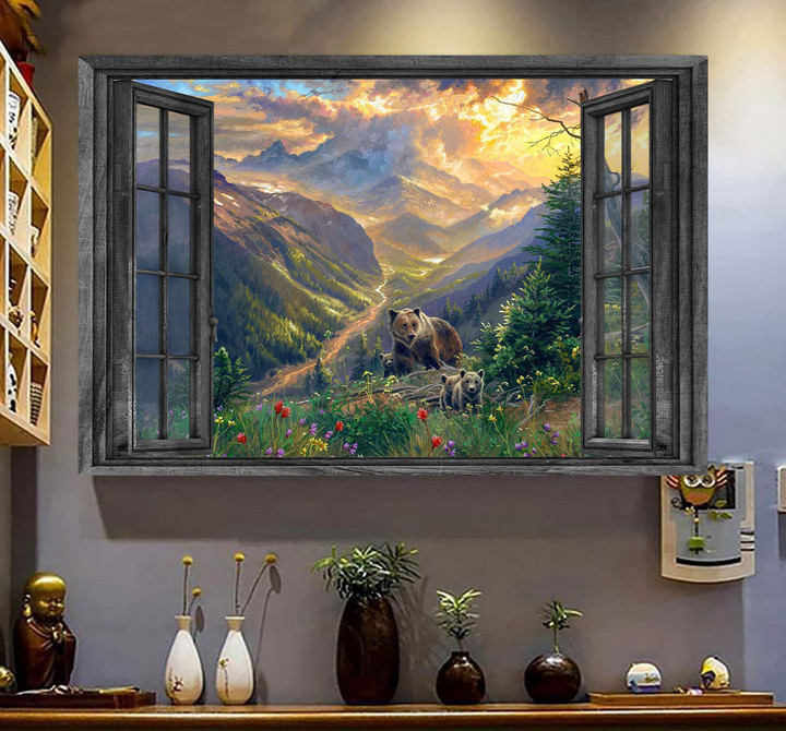Bear 3D Window View Canvas Painting Art 3D Window View Wild Animals Lover Bear Family Christmas Framed Prints, Canvas Paintings Wrapped Canvas 8x10