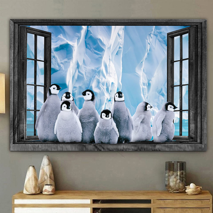 Penguins Ice 3D Window View Canvas Painting Art 3D Window View Animals Lover Gift Idea Framed Prints, Canvas Paintings Wrapped Canvas 8x10