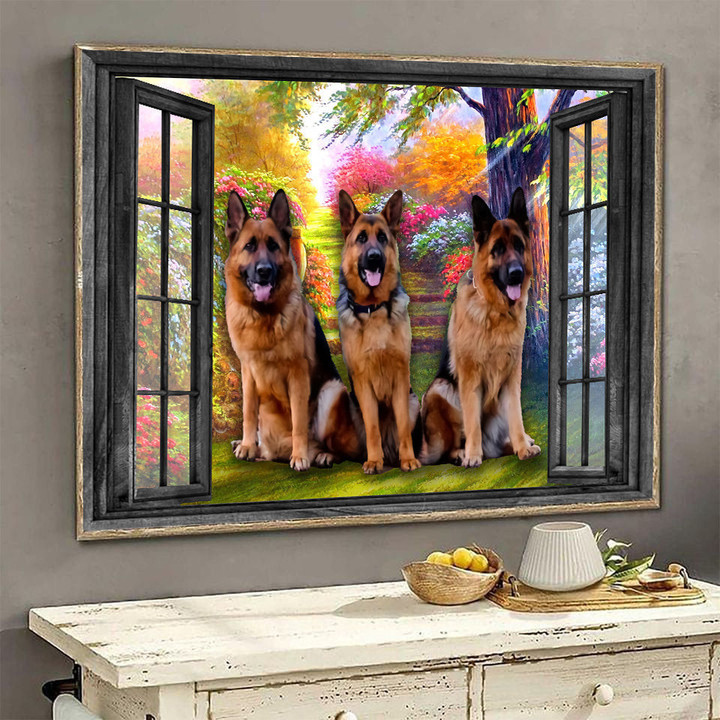 German Shepherd In Garden 3D Window View Wall Arts Painting Prints Th0403-Ptd Framed Prints, Canvas Paintings Wrapped Canvas 8x10
