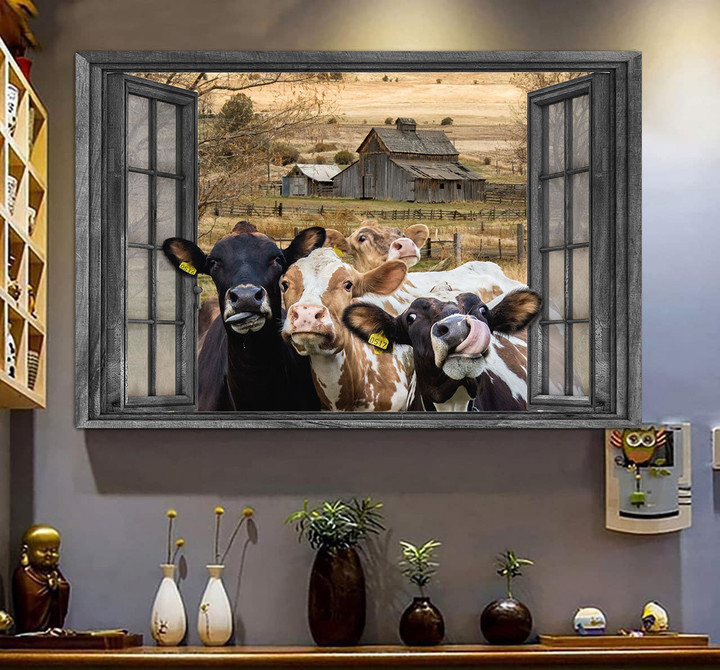 Dairy Cattle 3D Window View Canvas Painting Art Farm Animals Gift For Friend Framed Prints, Canvas Paintings Wrapped Canvas 8x10
