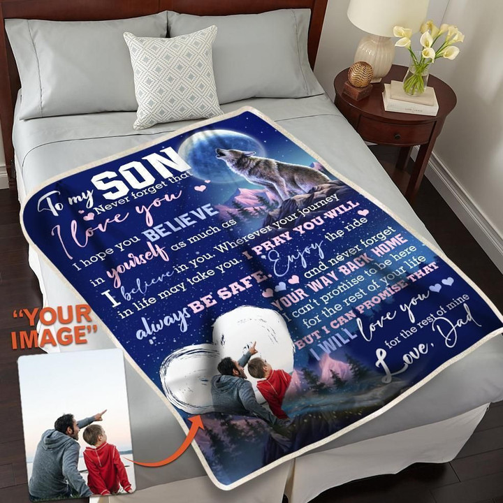 Custom Photo Dad To Son Gifts Wolf Never Forget That I Love You Blanket