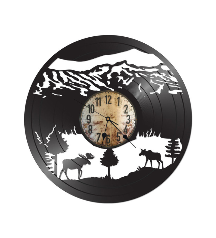 Vintage Re-Purposed Moose And Mountains Vinyl Record Clock