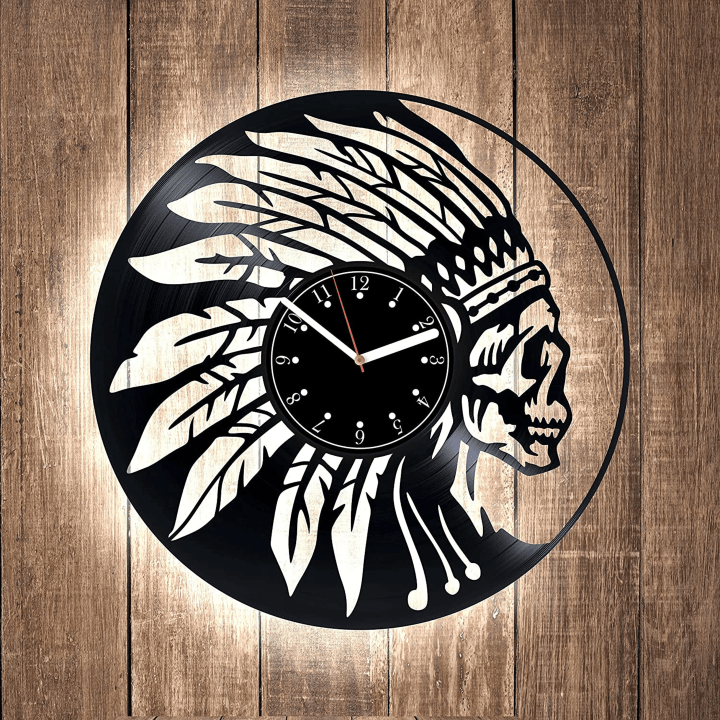 Native Americans Vinyl Record Clock Skull Wall Art Unusual Decor For Bedroom Men Birthday Gift For Boyfriend