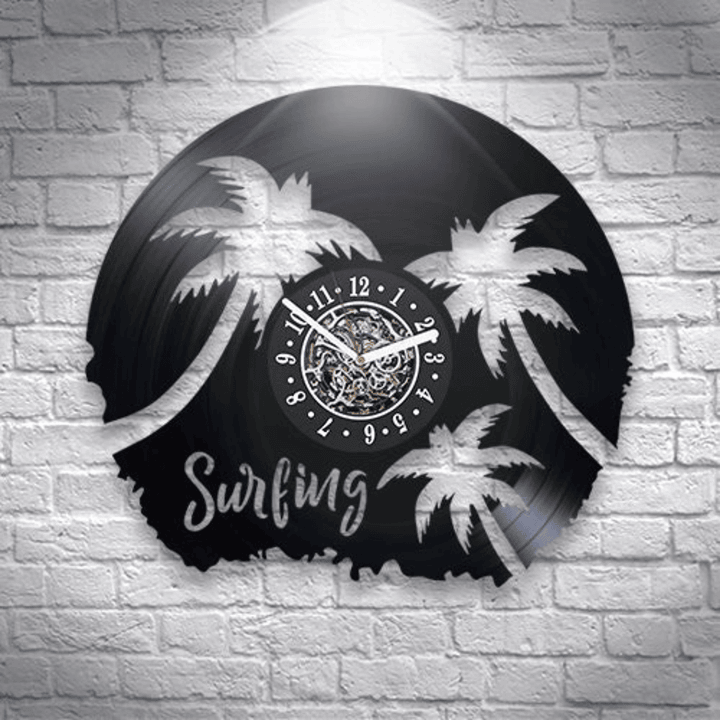 Surfing Vinyl Record Large Wall Clock Palm Trees Wall Art Original Decor For Apartment Surfing Artwork Birthday Gift For Friend