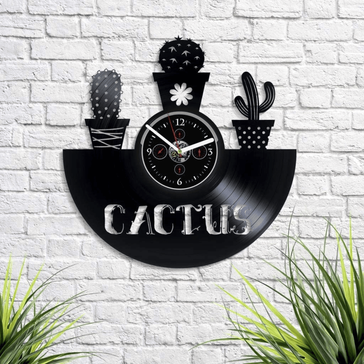 Cactus Vinyl Record Clock Vintage Wall Art Original Decoration For Home Housewarming Gift For Mother