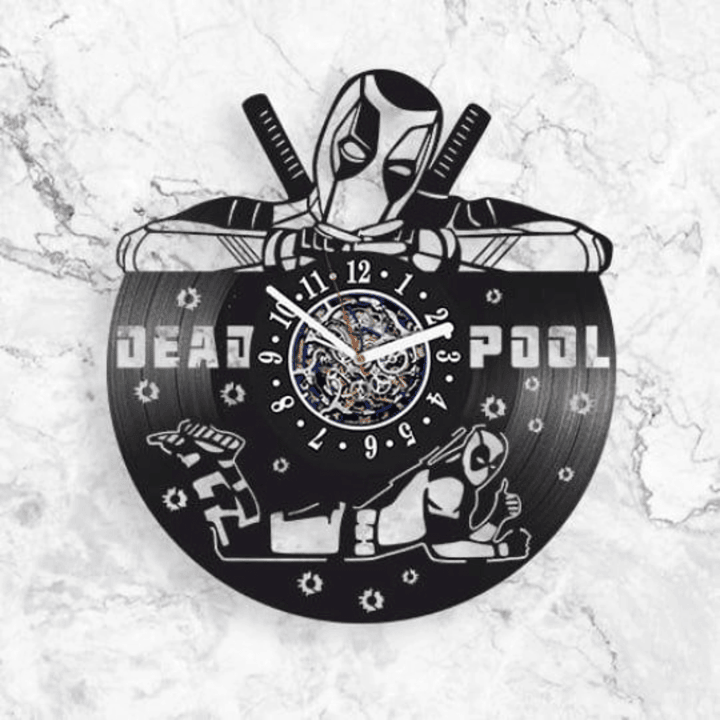Deadpool Wall Clock Made From Vinyl Record, Unique Famous Comic Decor, Birthday Gift Idea For Him, Handmade Vintage Art