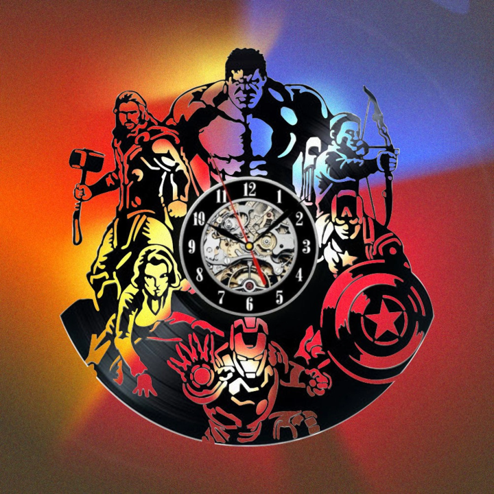 The Avengers Famous Comic Film Vinyl Record Clock With Bright Led Lights Room Decoration Unique Design Clock Birthday Gift Film Vinyl Record Clock