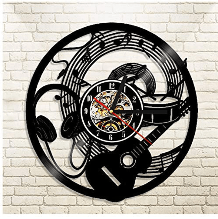 Music, Guitar, Notes Vinyl Record Wall Clock - Guiitar Wall Decor - Guitarist Gift Ideas