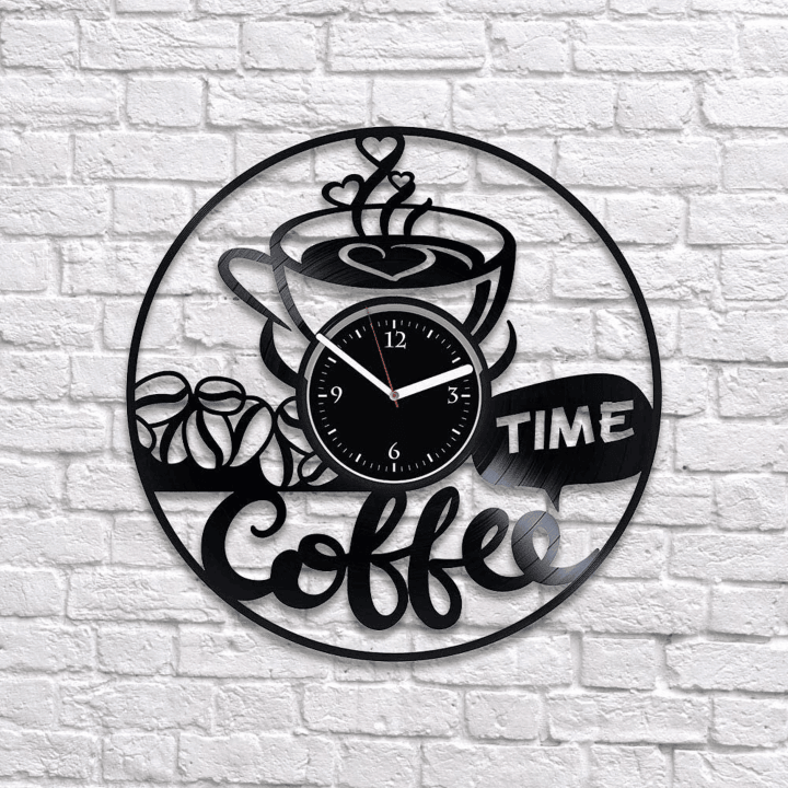 Coffee Time Vinyl Record Round Wall Clock Coffee Artwork Unqiue Wall Decor For Kitchen Coffee Bar Logo Xmas Gift For Friend