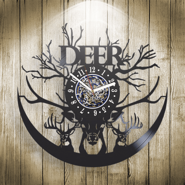 Deer Vinyl Record Wall Clock, Wild Animal Home Decor, Unique Original Art, Modern Large Clock, Housewarming Gift Idea For Husband