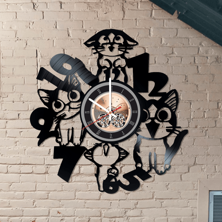 Cute Wall D�cor For Kids Bedroom, Made From Real Vinyl Record, Wall Clock , Cats Art Work Clock, Birthday Gift Idea For Animal Lovers