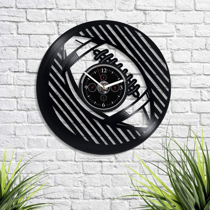 Football Ball Vinyl Record Clock Contemporary Wall Art Decor For Men Anniversary Gift For Boyfriend
