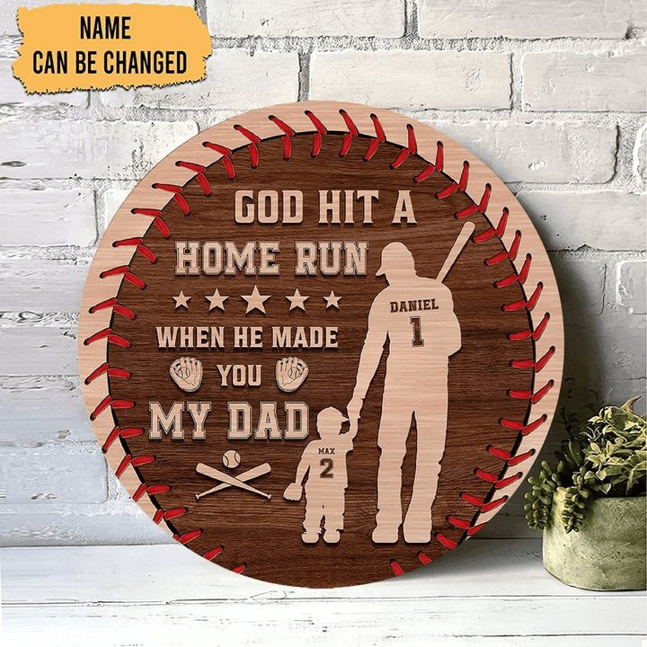 Personalized God Hit A Home Run When He Made You Our Dad Wooden Sign, Baseball Wooden Sign, Gift For Father's Day, Gift For Baseball Lovers
