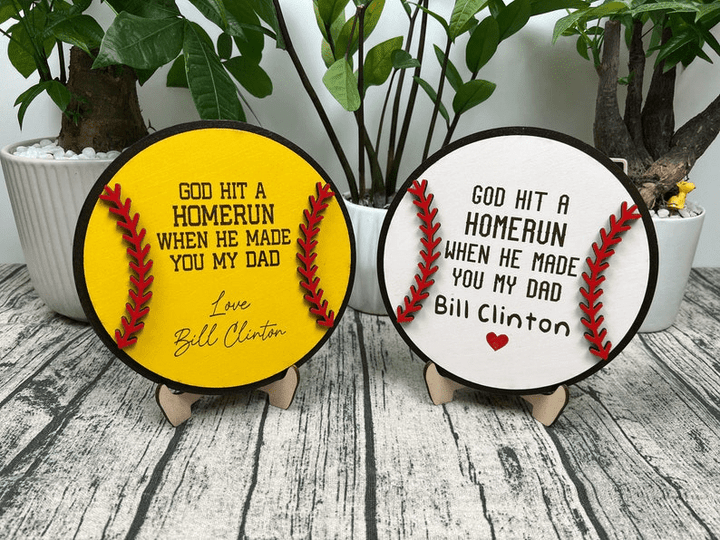 Father's Day Mother's Day Baseball Sign,Personalized Softball Gifts for Dad Mom from Kids,Fathers Day + Grandpa Present,God Hit a Homerun