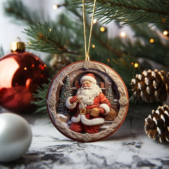 Santa Claus Christmas Ornament 2023, Santa's Workshop, Believe, Christmas Magic, 3D Image, Holiday, Christmas Eve, Porcelain, Round,Gift Exchang