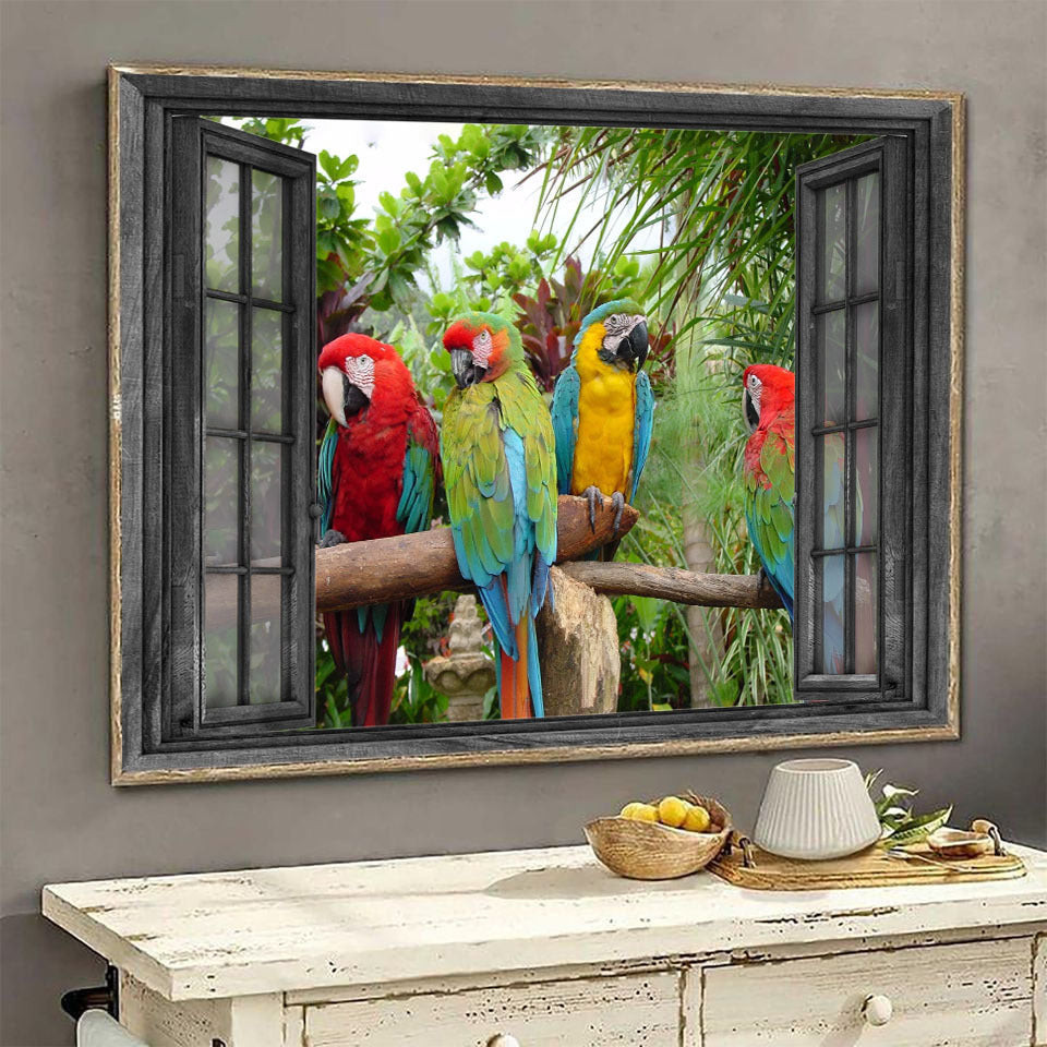 Parrot 3D Window View Wall Arts Painting Prints The African Gray Parrot, And Scarlet Macaw, Blue And Gold Macaws Ha0538-Tnt Framed Prints, Canvas Paintings Wrapped Canvas 8x10