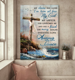 Wooden Cross Sea My Chains Are Gone Matte Gallery Canvas Painting, Canvas Hanging Gift Idea Framed Prints, Canvas Paintings Wrapped Canvas 8x10